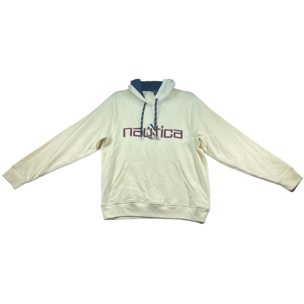 Nautica Sweater Mens size Small Ivory Cream Hoodie Nautcia Logo Ship Pocket New